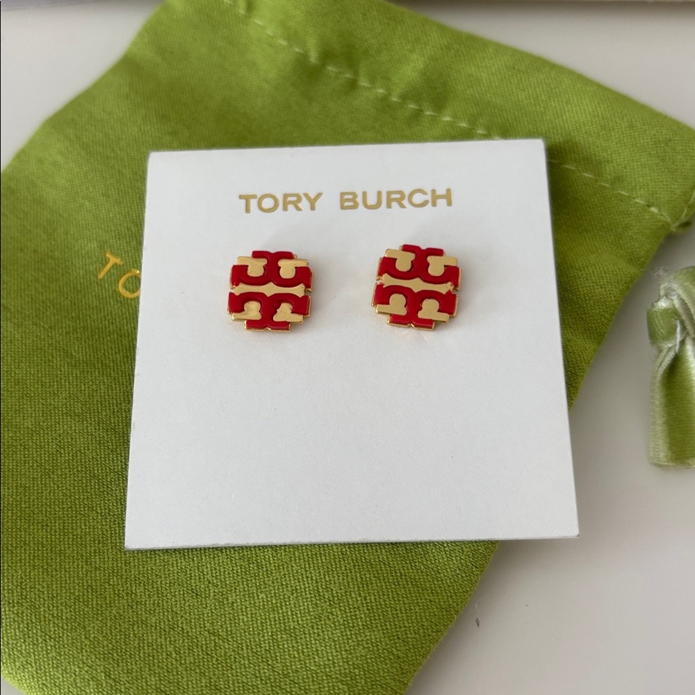 Tory Burch Kira Red Gold Kira Logo Enamel Earrings